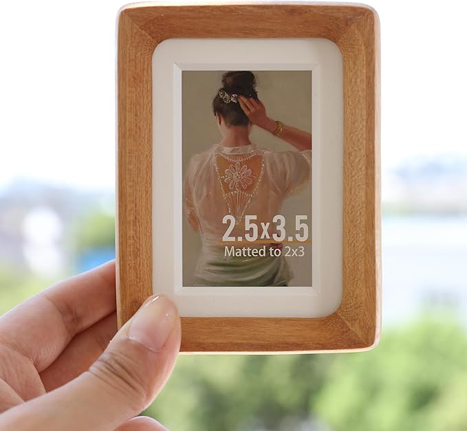 2.5x3.5 Natural Wood polaroid Picture Frame Matted to 2x3 with Plexiglass, Teak Solid Wood Small Photo Frame,For TableTop and Wall Mounting
