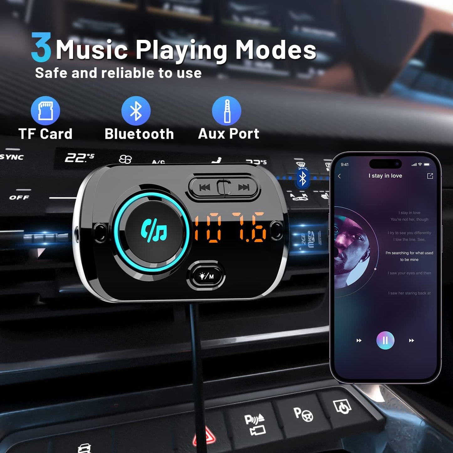 Bluetooth FM Transmitter for Car, Wireless Radio Adapter Car Music Player Receiver with Bluetooth FM Frequency Support Hands Free Call,Charger Dual USB Port,TF Card/AUX