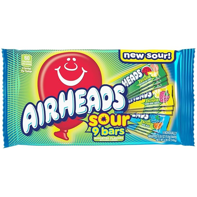 Airheads Sour Full-Sized Halloween Trick or Treat Taffy Candy Bars, Watermelon Punch, Blue Blast & Lemon Berry Squeeze, Individually Wrapped Halloween Candy for Adults & Kids, 9 Count Bag