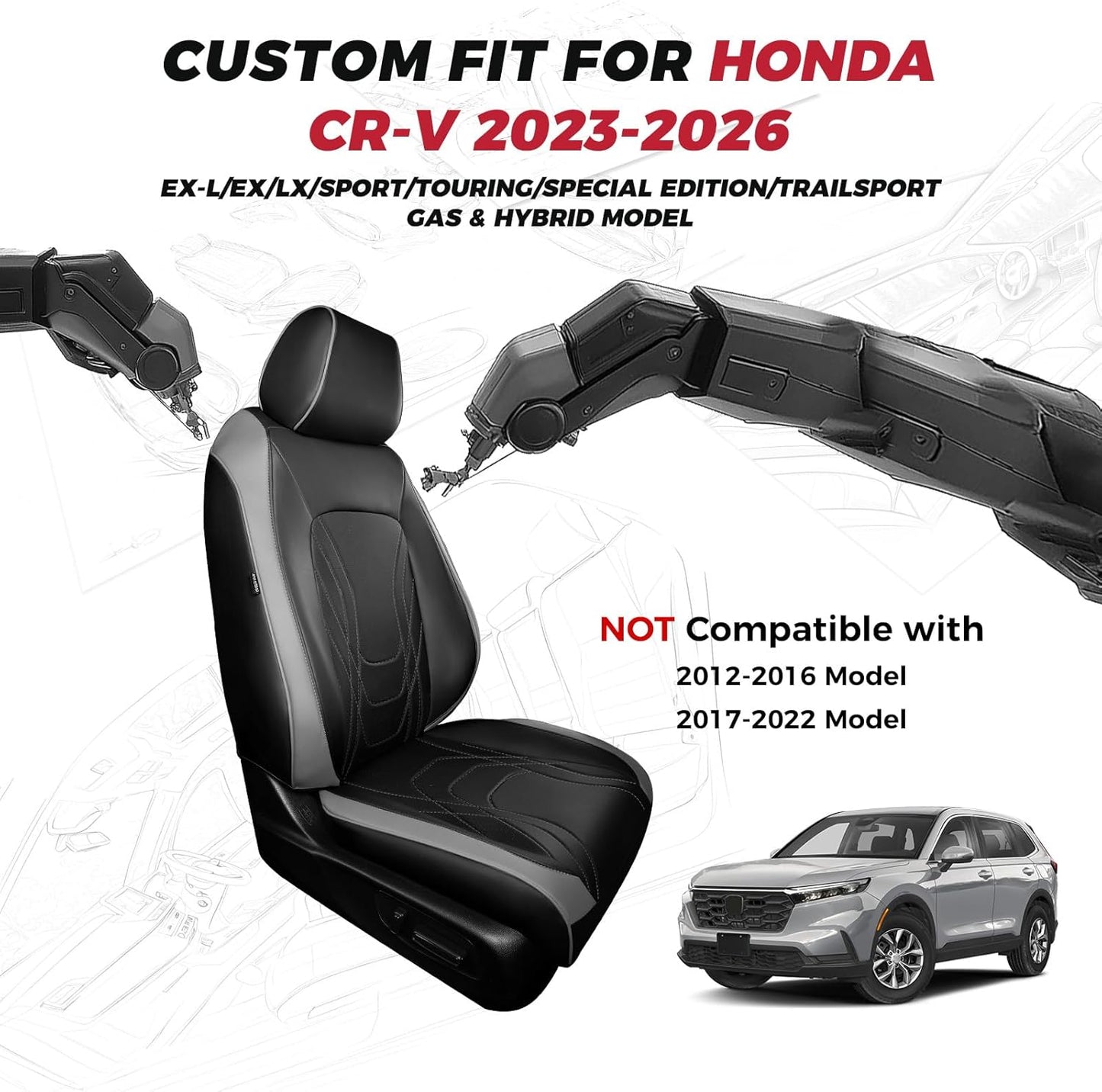 FREESOO Seat Covers for Honda CRV, Custom Fit Car Seat Covers for CRV LX EX EX-L Sport Touring Special Edition Trailsport Hybrid & Gas 2023 2024 2025 2026, Waterproof Leather Full Set, Black & Gray