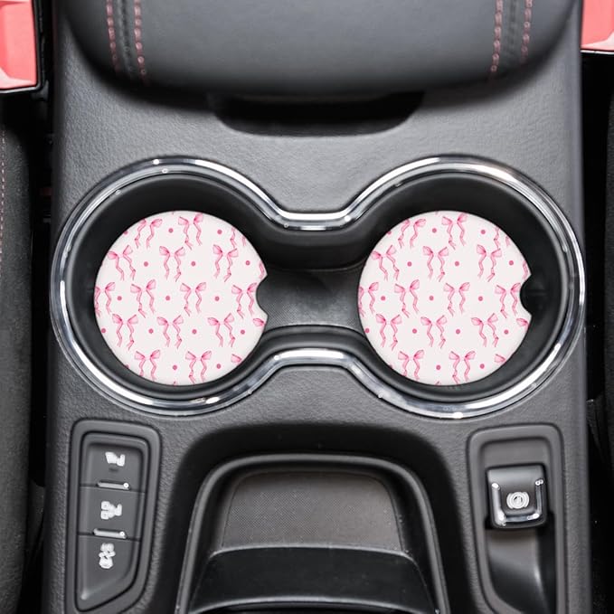 Cup Holder Coaster for Car, 2 Pack Car Coasters for Cup Holders, Cork Base Car Cup Coasters for Drinks, Universal Aesthetic Car Accessories for Women Men, Table Coaster Home Decor (Pink Bow Ribbon)