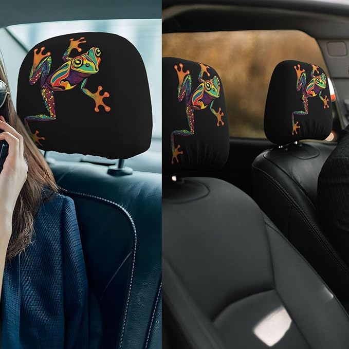 Dujiea 2 Pack Boho Frog Car Headrest Covers, Universal Soft Car Seat Head Rest Protector, Vehicle Accessories Fabric Headrest Cover for Cars, Vans, Trucks