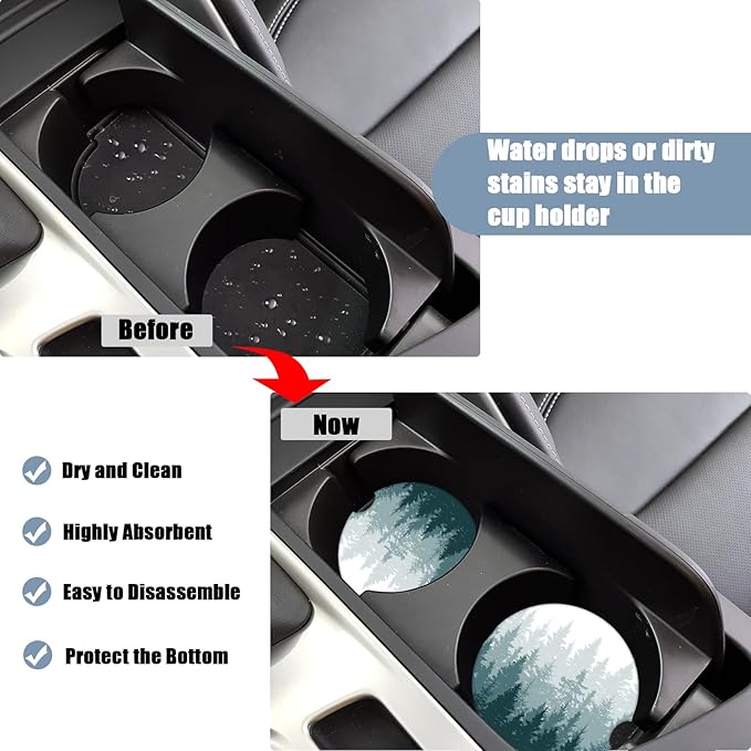 Car Cup Holder Coaster - Misty Forest Absorbent Ceramic Coaster, Car Coasters for Cup Holders, Auto Accessories for Women & Men, Pack of 2