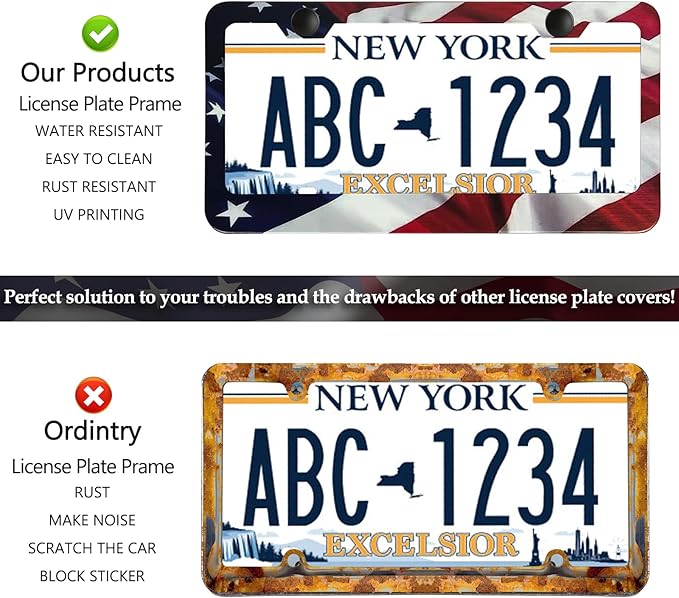 Patriotic American Flag License Plate Frame Holder - 2 Pack Universal Quality Metal Aluminum Matte Stripe US Flag Gloss Car Plate Frame Covers with 2 Holes and Free Screws Fasteners Caps
