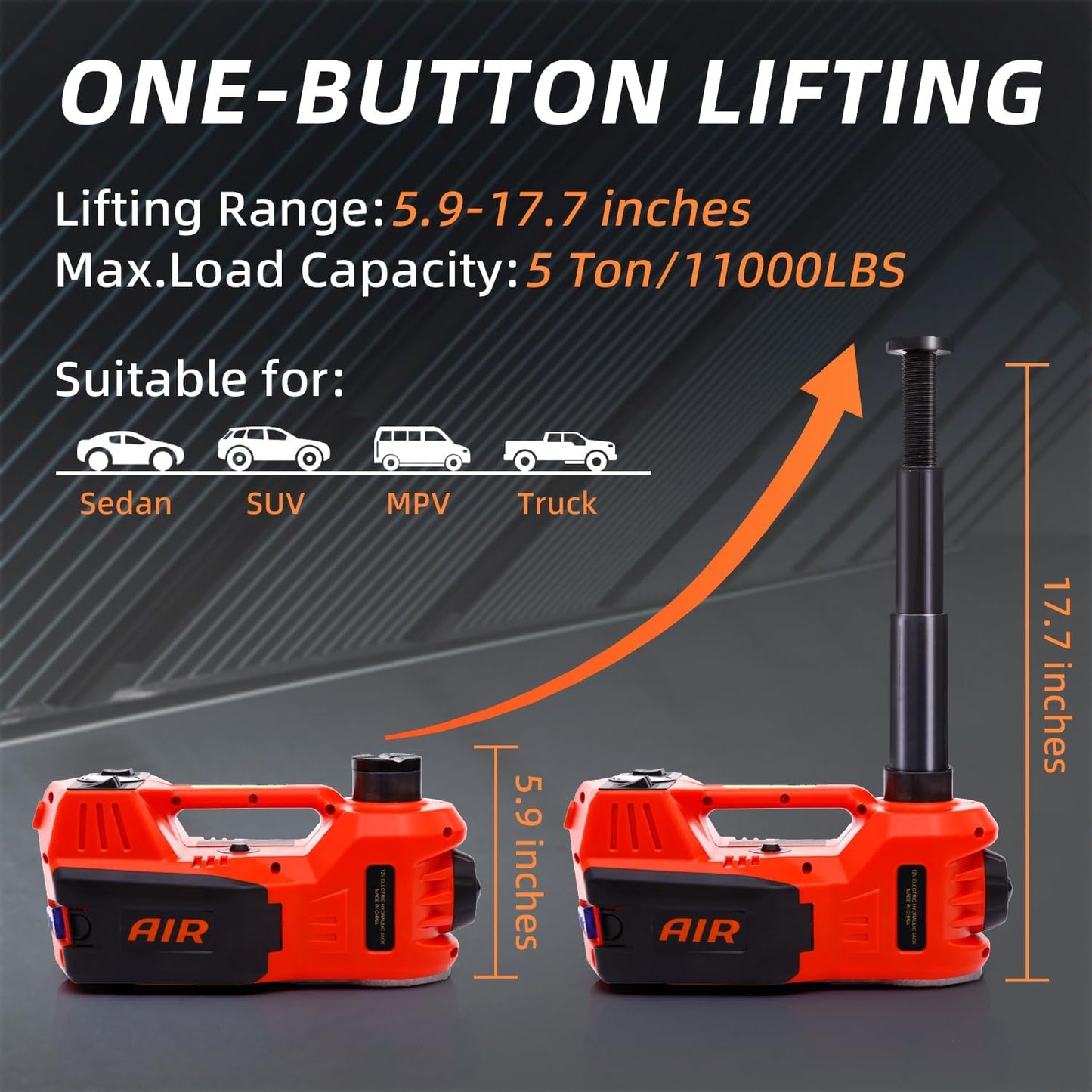 STANDTALL Electric Car Jack Kit 5 Ton 12V Hydraulic Jack Floor Jack with Impact Wrench and Tire Inflator Pump Lift with LED Light for SUV Sedan Truck Road Emergency Tire Change