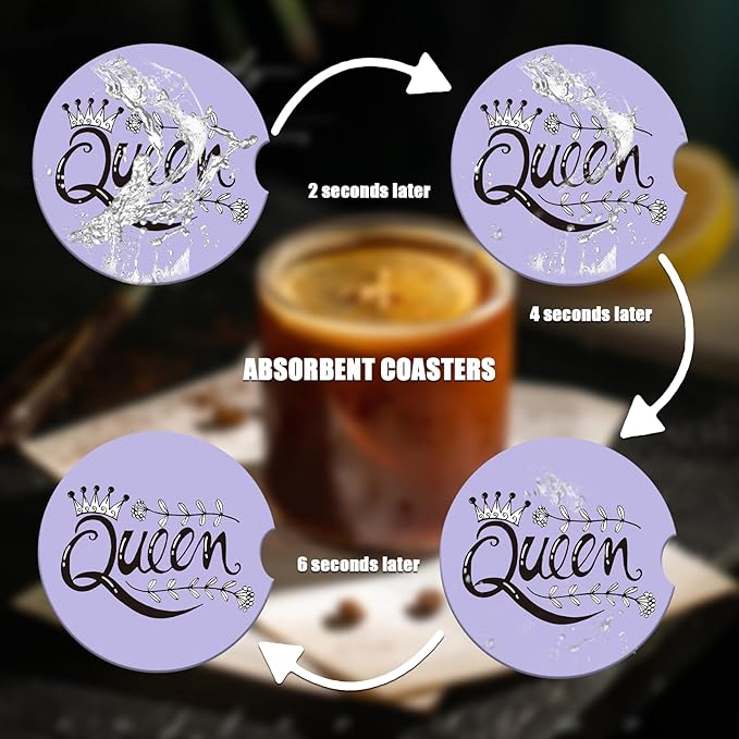 Purple Car Cup Holder Coaster - Queen Crown Absorbent Ceramic Coaster 2 Pack, Car Coasters for Cup Holders, Fashion Car Interior Accessories Drink Coaster for Women & Men