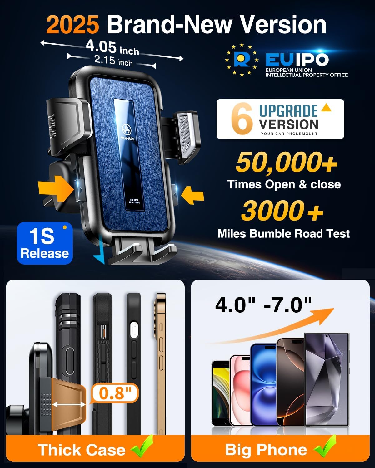 VANMASS 2025 True Upgraded Car Phone Holder, [85+ LBS Strongest Suction] Patent Safety Cell Phone Mount Windshield Dashboard Vent Truck Stand Cradle for iPhone 16 Pro Max 15 14 13 Android, Matt Blue