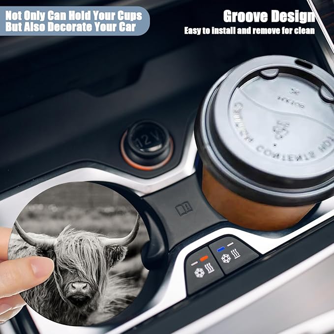 Car Cup Holder Coaster - Highland Cow Absorbent Ceramic Coaster, Car Coasters for Cup Holders, Auto Accessories for Women & Men, Pack of 2