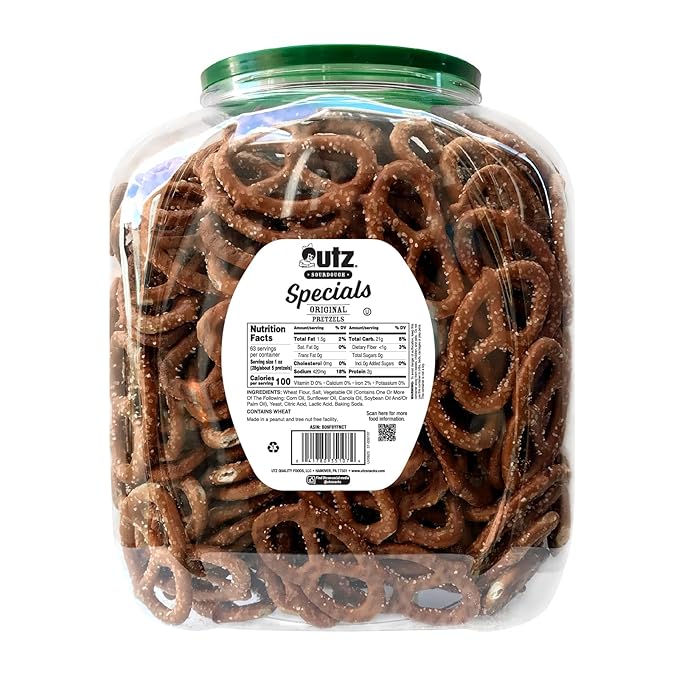 Utz Sourdough Specials Pretzels, Original, 63 oz. Barrel, Classic Pretzel Knot with Rich Sourdough Flavor, Resealable Container, Tasty Party Snack with Zero Cholesterol