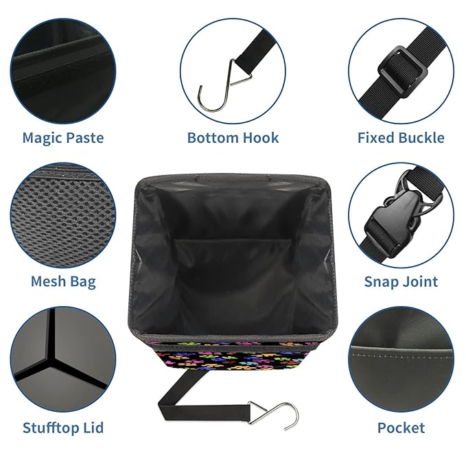 Paws Cat & Dog Print Trash Can with Lid - Collapsible, Reusable, Waterproof Car Garbage Can, Interior Car Organizer