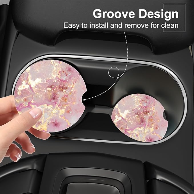 Car Cup Holder Coaster, Car Coasters for Cup Holders, 4 Pack Universal Anti Slip Insert Absorbent Ceramic Auto Interior Accessories with A Finger Notch & Cork Base, Golden Pink Marble