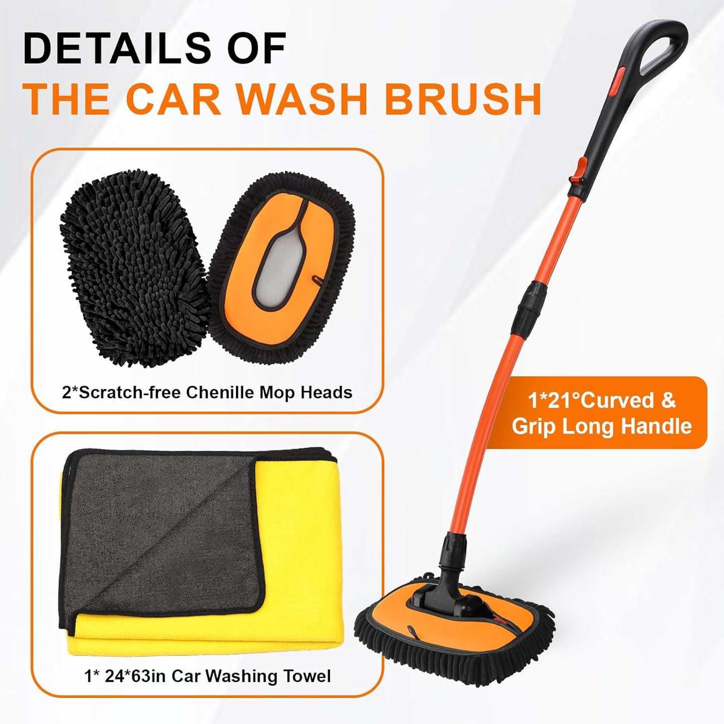 Car Wash Brush with Long Handle, 47" Car Wash Mop with Grip Handle, 2 Replaceable Microfiber Mop Heads and 1 24*63" Car Cleaning Towel for Car Washing, Truck, SUV, Boat, RV Roof