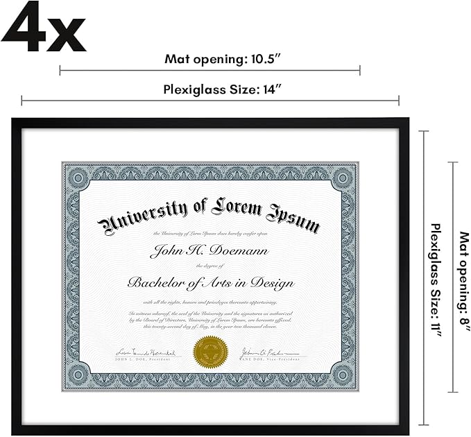Americanflat 11x14 Diploma Frame with Shatter-Resistant Glass - Set of 4 - Use as 8.5x11 Frame with Mat or Display 11x14 Document Without Mat - Legacy Collection - Certificate Frames for Wall - Black