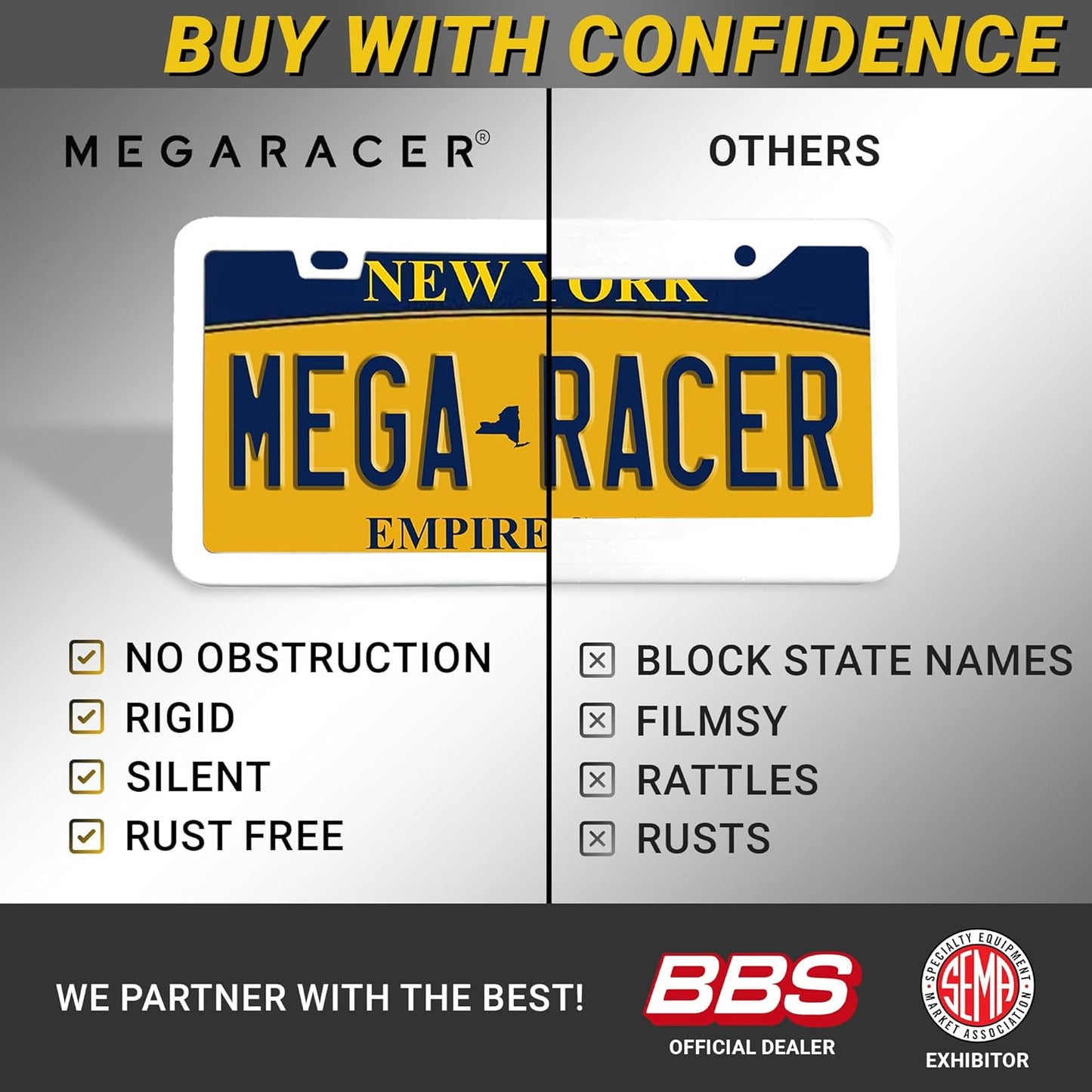 Premium Slim White License Plate Frames – 2 Pack, Rust-Free Stainless Steel, Street Legal & Rattle-Free, Universal Fit with Screw Covers, Sleek Thin Metal Front & Rear Car Tag Holders for Men & Women