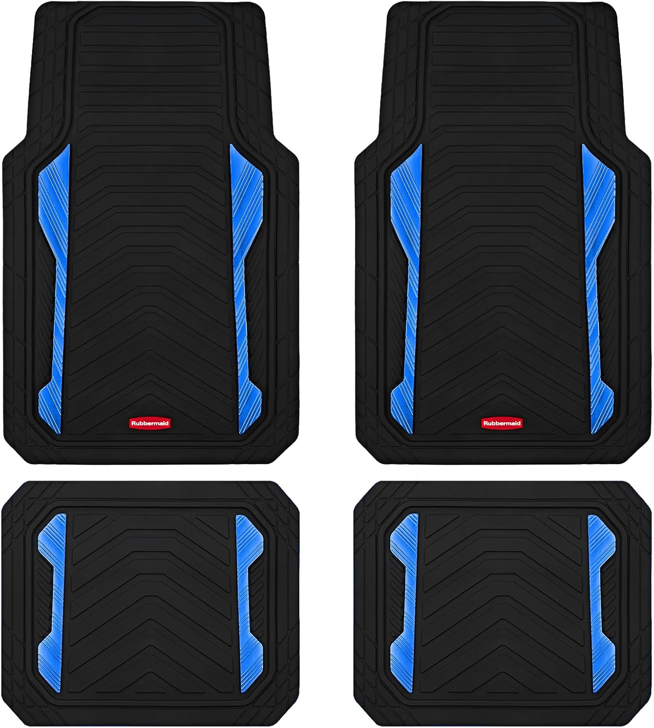 Rubbermaid Car Floor Mat, Heavy Duty All-Weather Car Mats Full Set with Dual-Tone Blue Aluminum Inserts – Universal Fit, Anti-Slip Backing, Trim-to-Fit for Most SUV, Sedan, Van