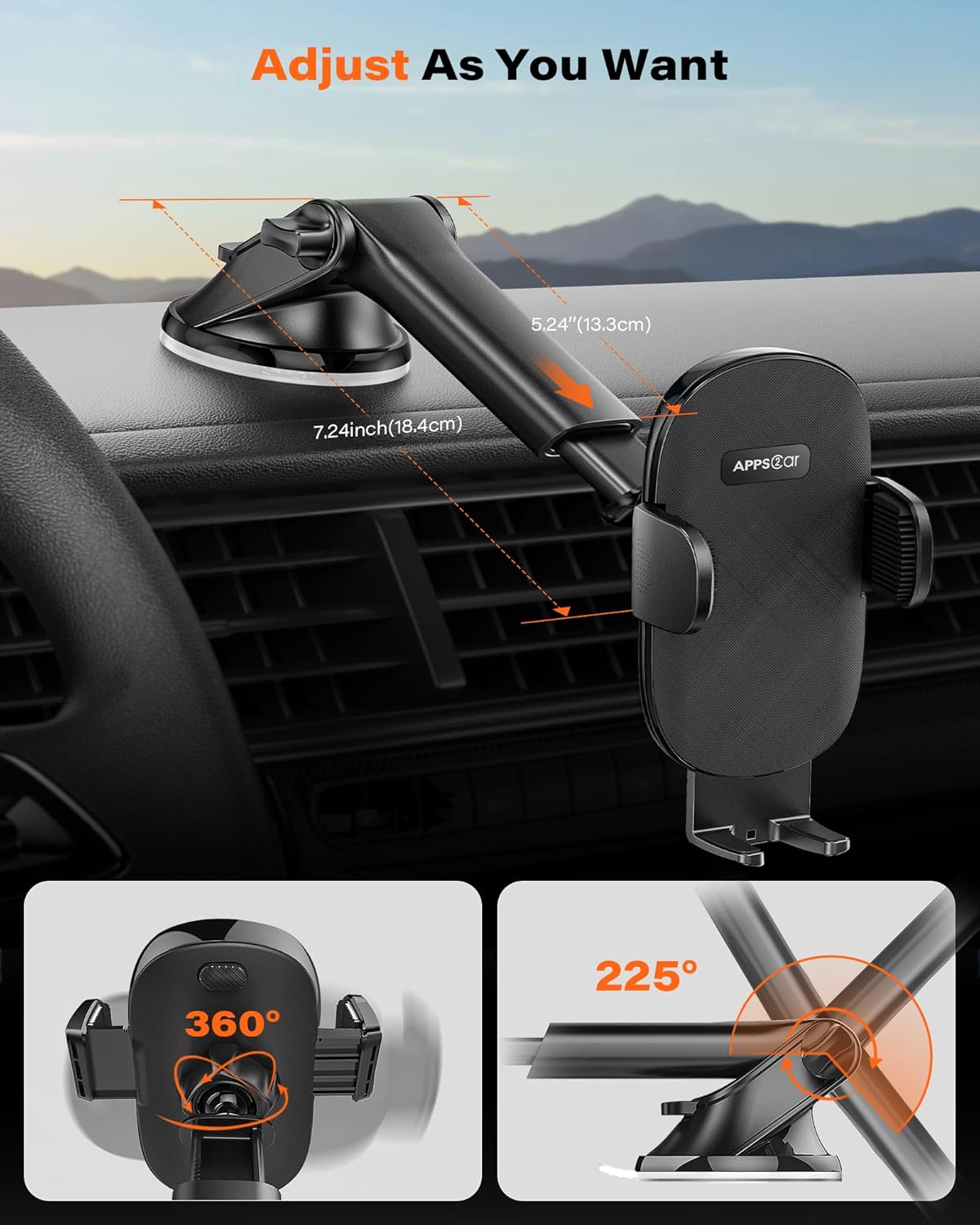 APPS2Car Car Phone Holder Mount, Dashboard/Windshield/Cell Phone Holder for Car, Compatible with iPhone, Samsung, All Phones,Black