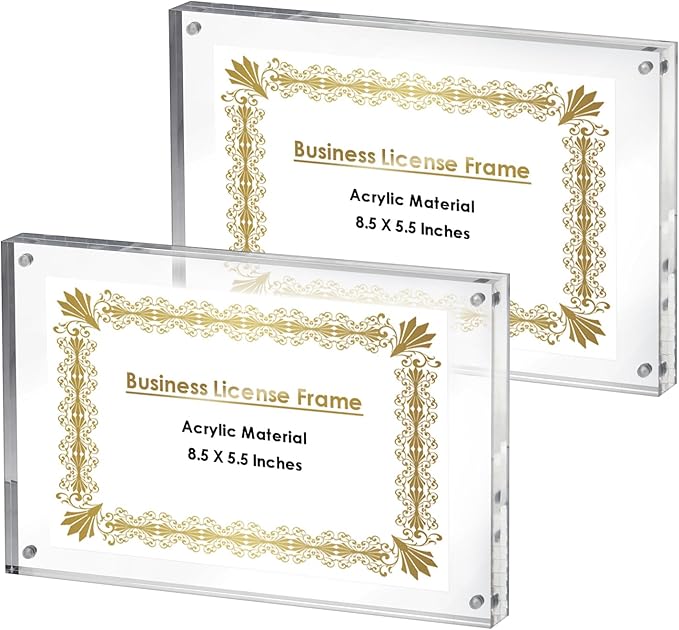 JUXYES 8.5 x 5.5 Clear Acrylic Business License Frame Magnetic Certificate Display Frame, Acrylic Sandwich Frames Frameless Picture Frame Tabletop Magnetic Frames for Business License Certificate, 2 Pack