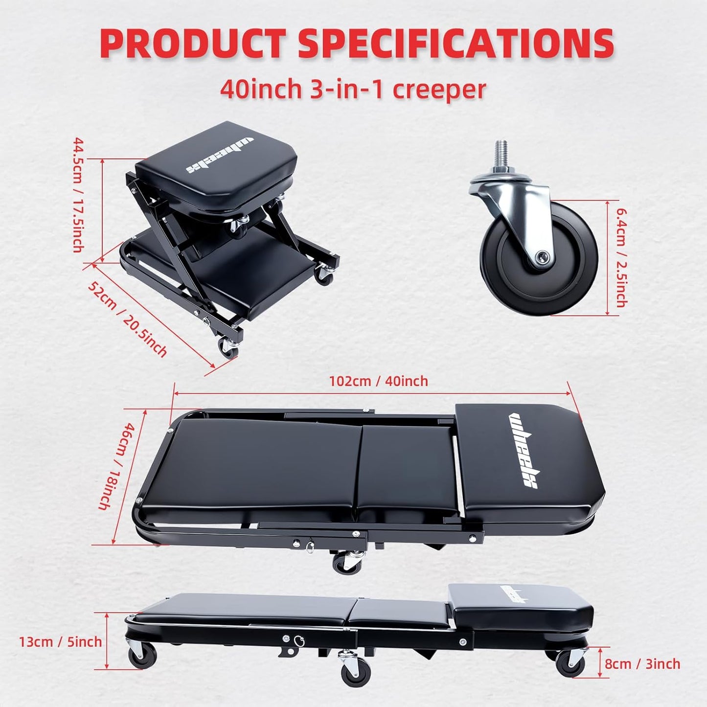 Mechanic Creeper 40inches 3-in-1 Z Seat 480lbs Capacity, Foldable Garage Chair Adjustable Rolling Black with 6pcs Wheels Roller, Lay Down Sit Lean Back, Under Car Shop Auto Repair, Man Gift