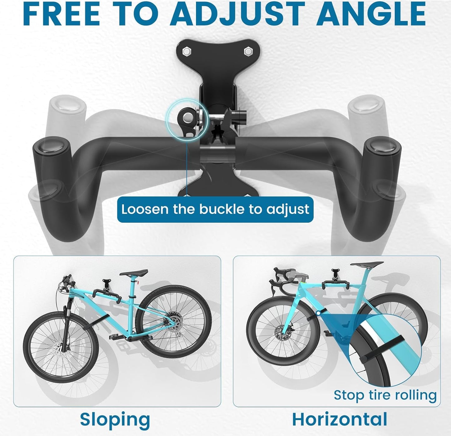 Bike Wall Mount - [2 Pack] EVA Foam Padded up to 48.5 lbs, Carbon Steel, Valve Mechanism, Heavy-Duty Adjustable Bike Wall Hanger for Road, Mountain and Hybrid Bikes, Garage & Apartment