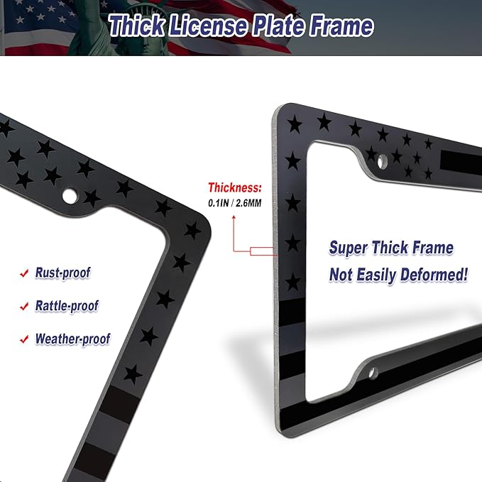 BGGTMO American Flag License Plate Frames- 2 Pack Black Grey Patriotic USA Aluminum Car Tag Holder Cover for Front Rear, with Screws Caps