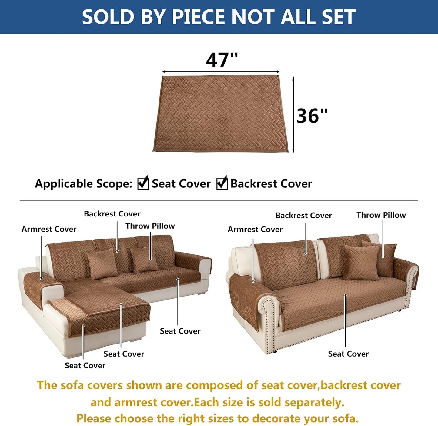 Eismodra Couch Cover,Sectional Couch Covers,Sofa Covers for 3 Cushion Couch,Anti-Slip Sofa Slipcovers for Dogs Cats Kids Loveseat Recliner L Shaped Armrest Backrest,Brown 36''x47''(Only 1 Piece)