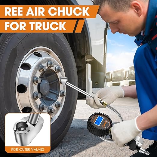 Digital Tire Pressure Gauge with Inflator, 250 PSI Heavy Duty Air Chuck Air Compressor Attachments, Improved Leaks Protection & Stainless Braided Hose Tire Gauge, 0.1 Display Resolution