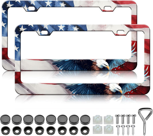 American Flag Eagle License Plate Frames - 2 Pack US Flag Patriotic Stainless Steel License Plate Holder,Rust-Proof Waterproof Car Decorative Tag Frame with Screws Fasteners Caps