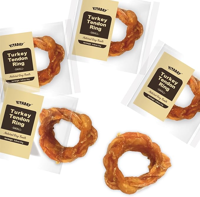 Turkey Tendon for Dogs, Turkey Tendon Ring (S) Pack of 4, 100% Natural, USA-Sourced, High-Protein, Low-Fat, Long-Lasting Dog Chew, Rawhide Alternative, Hypoallergenic Puppy & Dog Treats