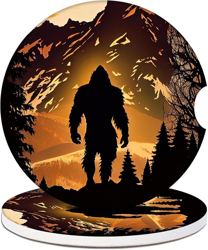 2 Pack Car Cup Holder Coasters - Bigfoot Mountains Forest Moon Absorbent Ceramic Coaster, Car Coasters for Cup Holders, Car Interior Accessories for Women Men