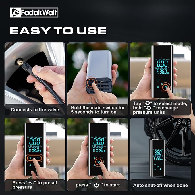 FADAKWALT Tire Inflator Portable Air Compressor, 150 PSI Cordless Air Pump with Digital Pressure Gauge, LED Light, Auto Shut-Off, for Car, Motorcycle, Bike, Ball – Not for Truck Tires