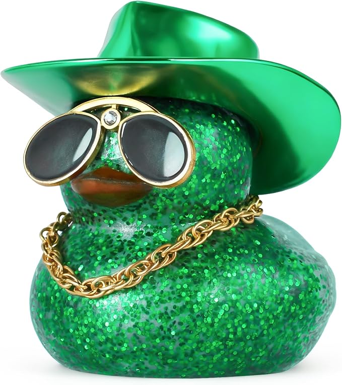 BOZILY Glitter Rubber Ducks with Cowboy Hat & Diamond Sunglasses - Car Dashboard Decor for Adults, DIY Accessory with Gold Necklace and Double-Sided Tape, Green, Squeaky Sound Decoration