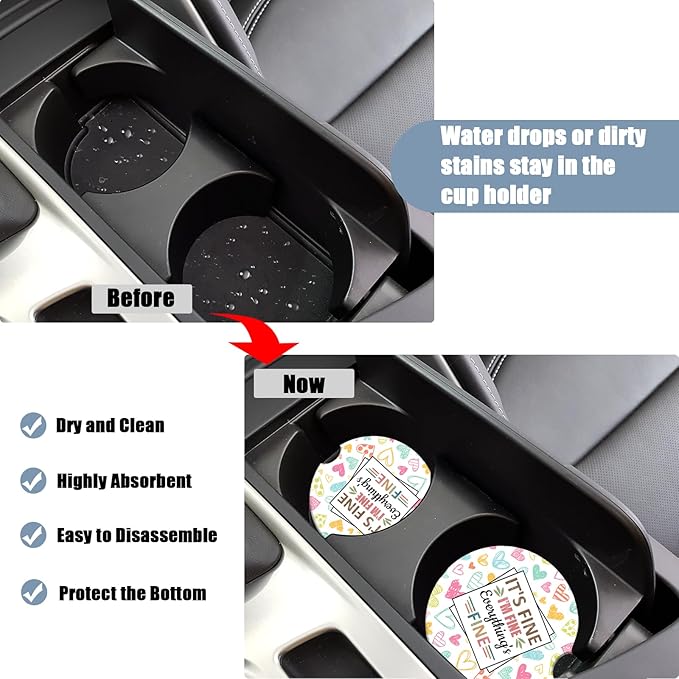 I'm Fine Car Cup Holder Coaster - Colorful Heart Absorbent Ceramic Coaster, Car Coasters for Cup Holders, Auto Accessories for Women & Men, Pack of 2