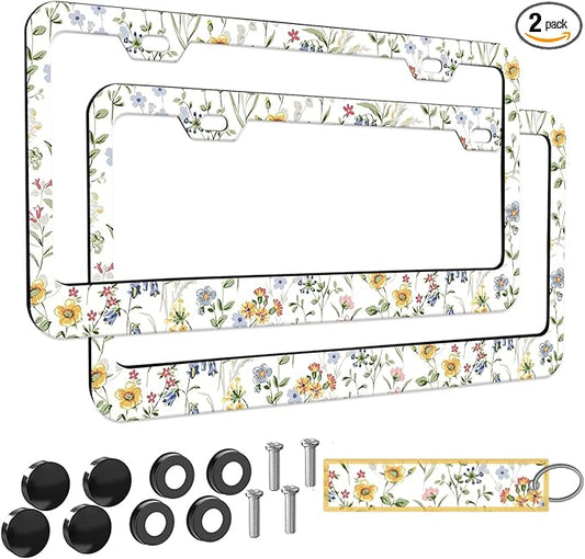 2pcs Wild Flowers Floral License Plate Frame for Women,White Nature Plant car Decorative tag Frames Girly,White Floral License Plate Cover Holder for Vehicle with Double Sided car Keychain tag