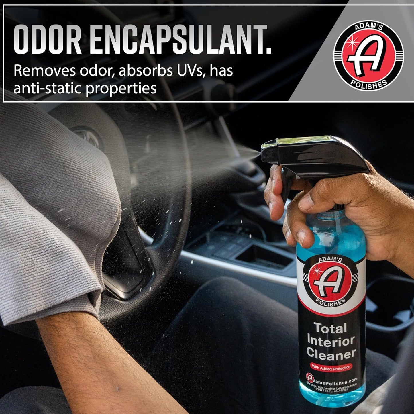 Adam's Polishes Total Interior Cleaner & Protectant, Quick Detailer & SiO2 Protection, Ceramic Infused, Anti-Static, OEM Finish, For Leather, Vinyl, Plastics, Glass & More