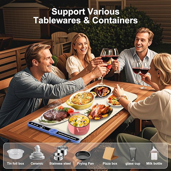 Warming Mat for Food Extra Large (XXL:40”X15”) Food Warming Mat for Countertop Parties Buffet 650W 8S Fast Even Heating 9-Level Temp Food Warmer Portable Silicone