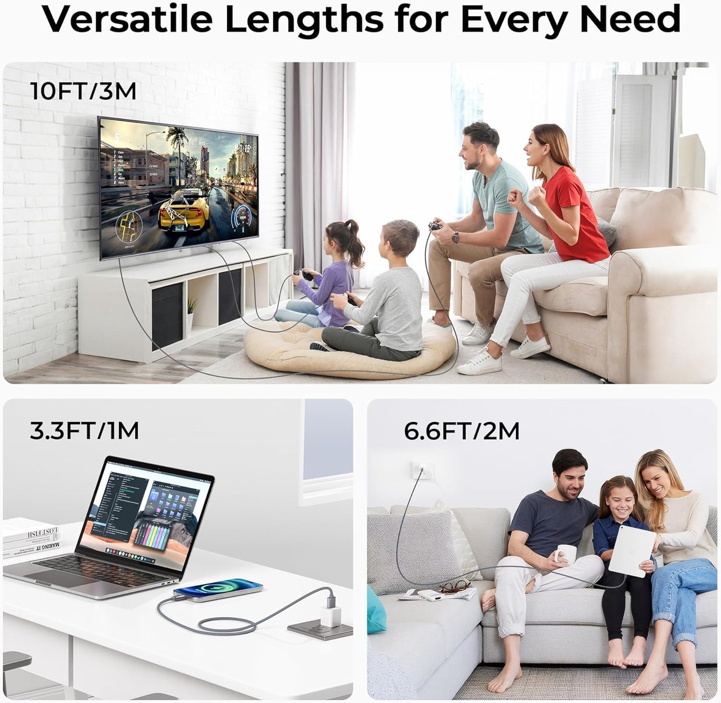 Basesailor USB Type C Charger Cable 3-Pack 3.3/6.6/10FT,Charging Power Cord for Kindle Fire HD 7 12th 2022,10 9th 2019,HD 8 10th 2020,11th 2021 Generation,Samsung Galaxy A03s A13 A53 S10,Steam Deck