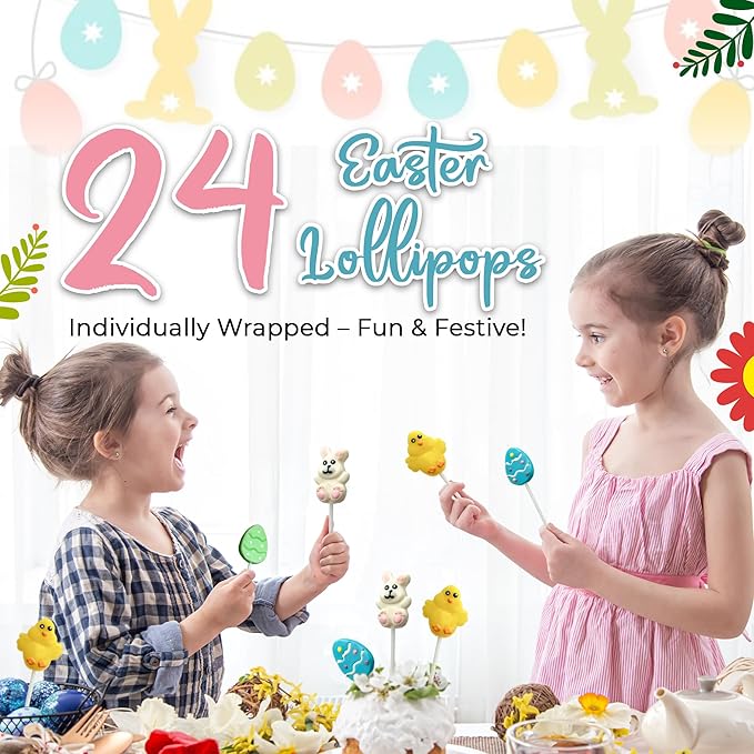 24 Easter Candy Lollipops Individually Wrapped Bulk Variety Pack - Bunny, Chick, Egg - Easter Basket Stuffers - Egg Hunt - Candy Dish (Strawberry, Raspberry, Lemon)