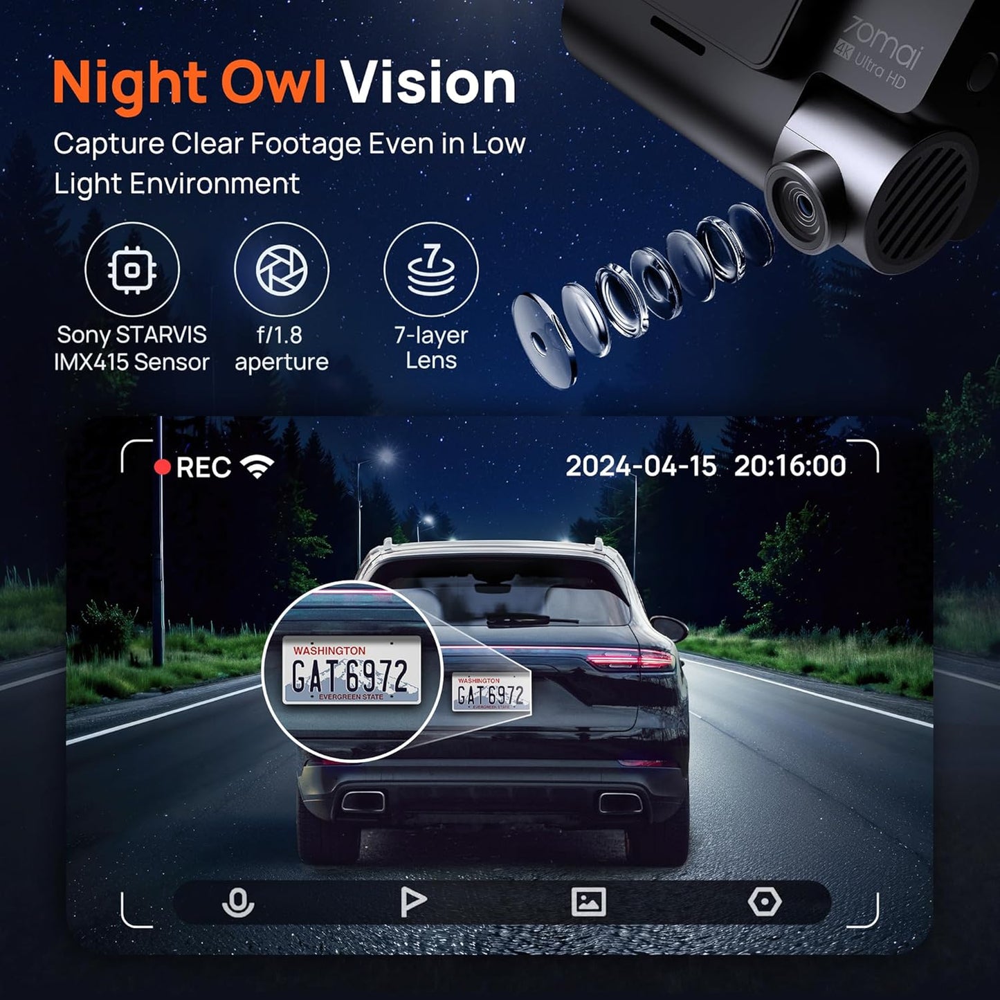 70mai 4K Dash Cam Front and Rear with STARVIS, Built in 5GHz WiFi & GPS Car Camera, Super Night Vision, ADAS, 3'' IPS Screen, 24H Parking Mode, Time-Lapse, Loop Recording, Support 256GB Max (A800S)