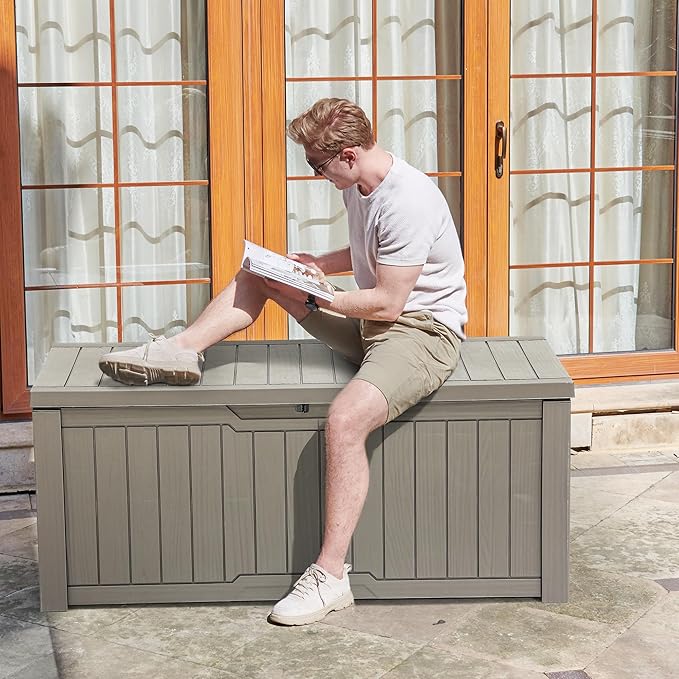 YITAHOME 120 Gallon Outdoor Storage Deck Box, Large Resin Patio Storage for Outdoor Pillows, Garden Tools and Pool Supplies, Waterproof, Lockable (Light Brown)