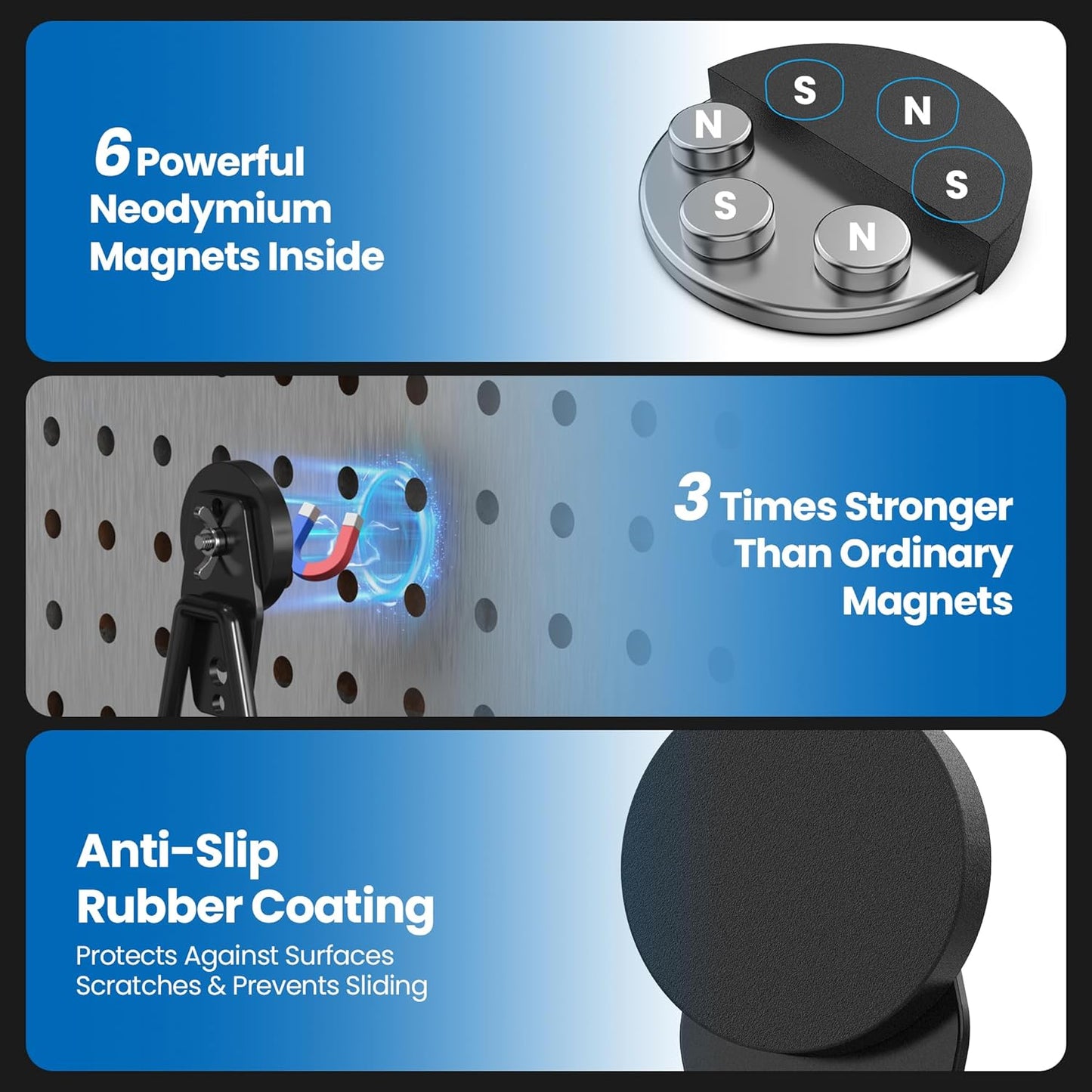 6 Pack Large Heavy Duty Magnetic Hook Extra Strong Magnetic Garage Hooks Big NdFeB Industrial Magnet Hooks Magnetic Utility Storage Holder Organization with Anti-Slip Coating for Hanging Garden Tool