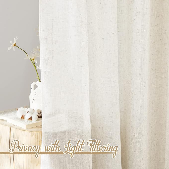 NICETOWN Semi Sheer Linen Burlap Curtains for Living Room, Grommet Privacy Semitransparent with Light Filter Flax Linen Blend Drapes for Bedroom Hall/Villa, W52 x L108, 2 Panels