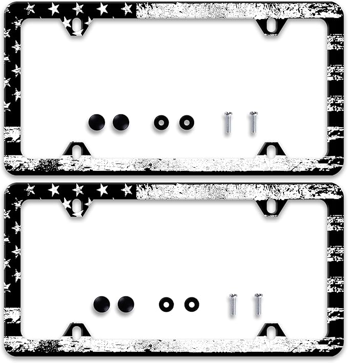 2 Pcs Vintage Black White American Flag License Plate Frame Patriotic Personalise Stainless Steel Funny Design Compatible with Standard License Plate Holder for USA and Canada 6 X 12 with Screws