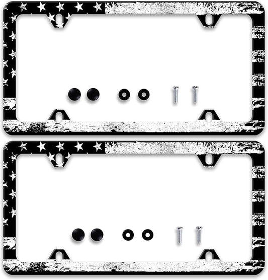 2 Pcs Vintage Black White American Flag License Plate Frame Patriotic Personalise Stainless Steel Funny Design Compatible with Standard License Plate Holder for USA and Canada 6 X 12 with Screws
