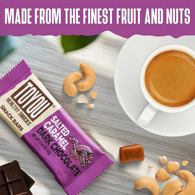 ToYou Chewy Fruit and Nut Bars - Healthy Protein Snacks | Salted Caramel Dark Chocolate - 1.41 Ounce (Pack of 12) | Soft Chewy, Fiber-packed Granola Bars for Adults and Kids, Made with Natural Ingredients