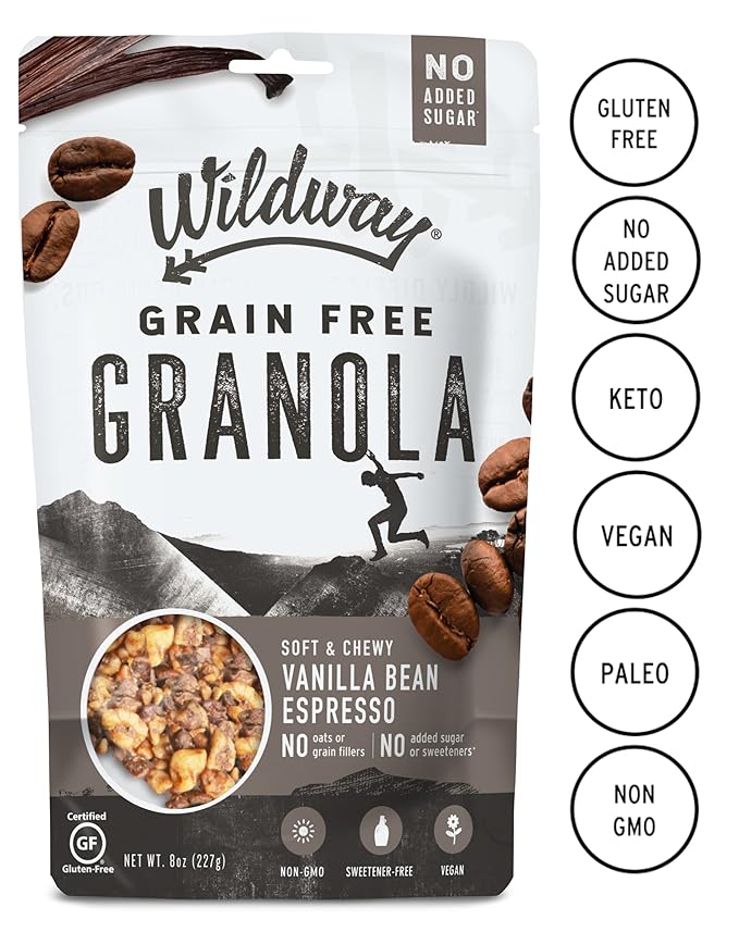 Wildway Keto Granola | Vanilla Bean Espresso | Grain-Free, Certified Gluten-Free Cereal | Vegan, Low Carb | No Sugar Added | Paleo-Friendly | Non-GMO Fruit & Nut Clusters | Nutrient-Rich | 8oz, 6 Pack