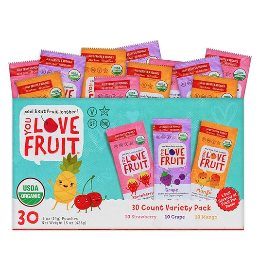 YOU LOVE FRUIT - Fruit Snacks Variety Pack 30 count, 100% Natural Gluten-Free, Vegan, Low Carb, Low Fat Fruit Kosher Snacks for Kids, College Students, Teachers and Offices, Healthy Fruit Snacks (Strawberry, Grape, Mango)