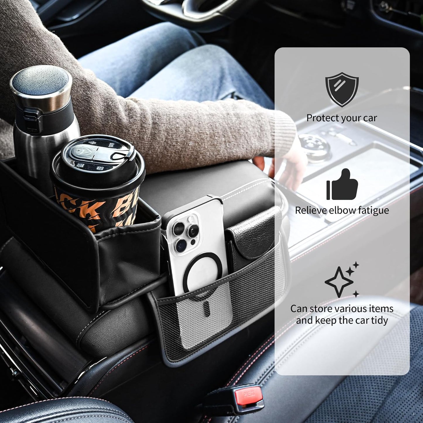 JEYODA Upgraded Car Armrest Cover,Premium Leather Car Armrest Cover Cushion with Storage Holder, Caddy for car (black)