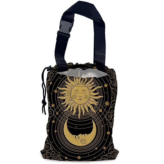 Mystical Sun Car Trash Bag,Golden Crescent Moon Hanging Drawstring Car Garbage Bag,Waterproof Canvas Car Back Seat Organizer with Adjustable Buckle,for Vehicles,SUVs,Camping,Road Trips