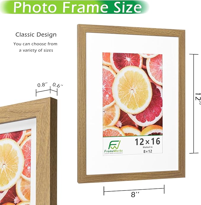 FrameWorks 2-Pack, 12x16 Matted to 8x12 Picture Frame, Golden Oak ??Classic Wooden Photo Frame with Tempered Glass, Modern Matte Finish for Prints, Posters, Certificates & Wall Decor ??Gallery-Ready
