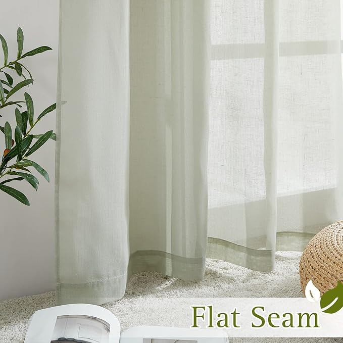 NICETOWN Linen Sheer Sage Green Curtains for Bedroom, Grommet Semi Sheer Linen Blend Vertical Window Drapes Privacy with Light Penetration for Living Room, 36W x 84L, Set of 2